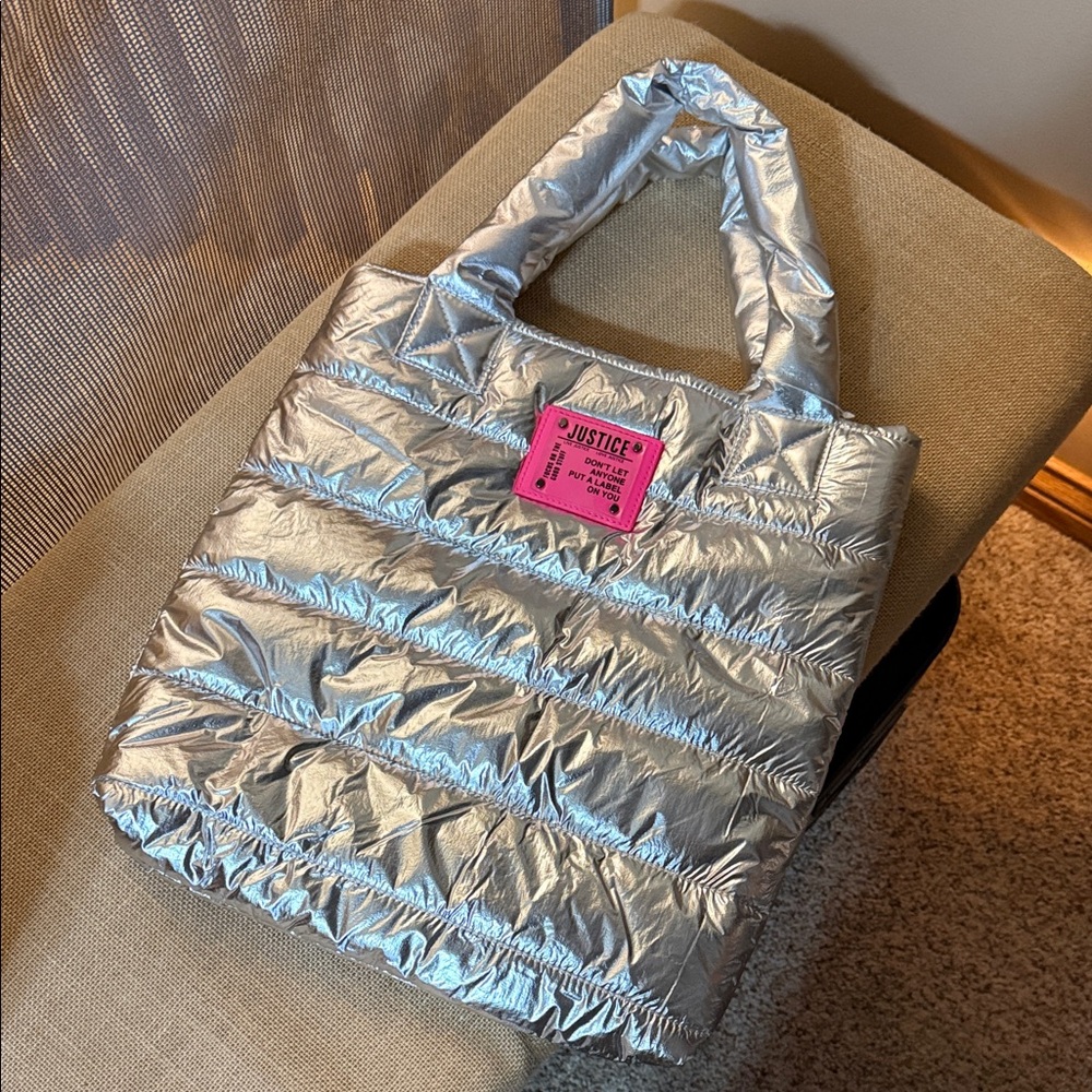 🔥 Justice Metallic Silver Puffer Tote with Pink Logo Patch